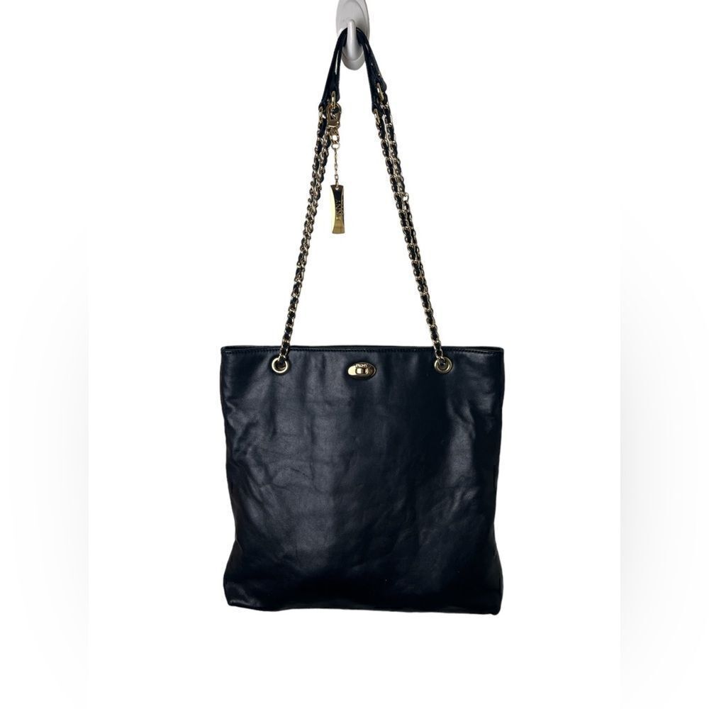 Vintage DKNY Black Leather Shoulder Bag with Gold Chainlink Strap Perfect Shape